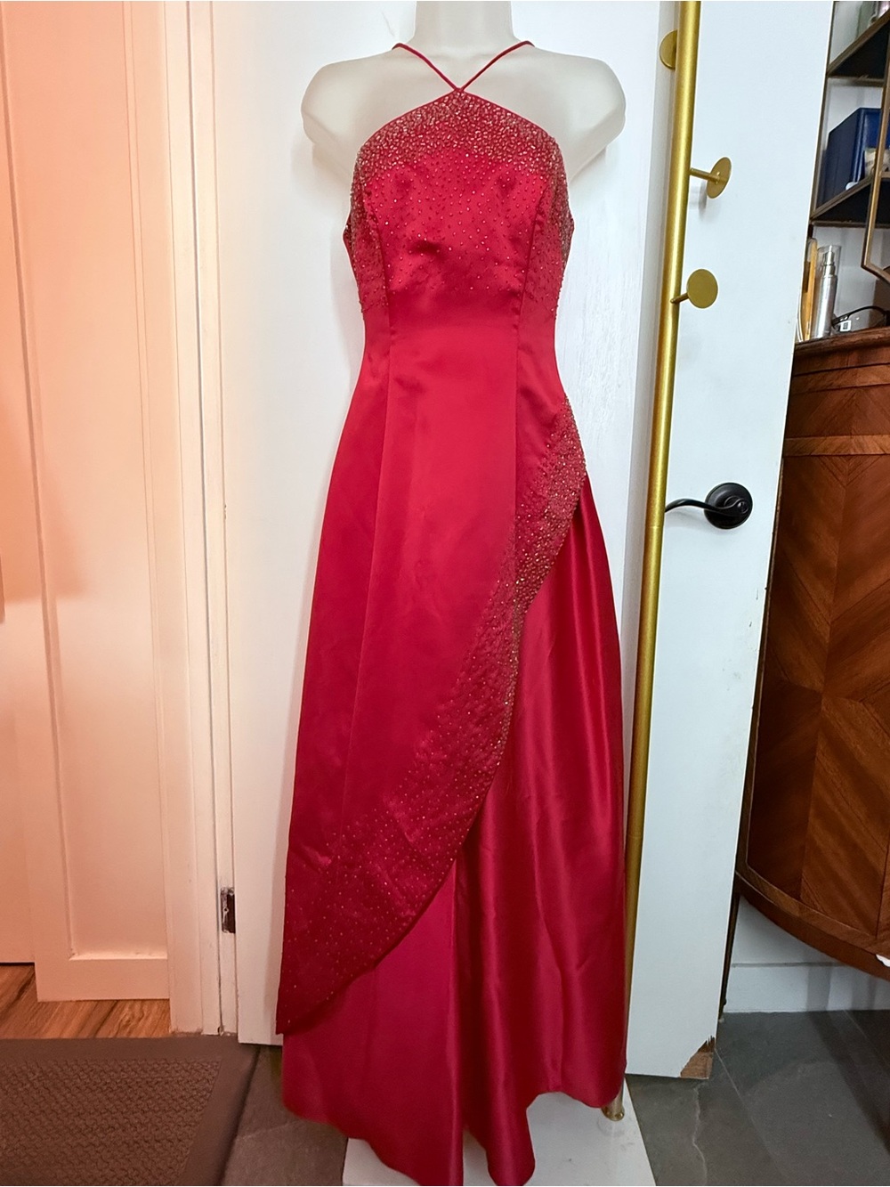 Red Beaded Halter Evening Gown size unknown Morgan and Co by Linda Bernell